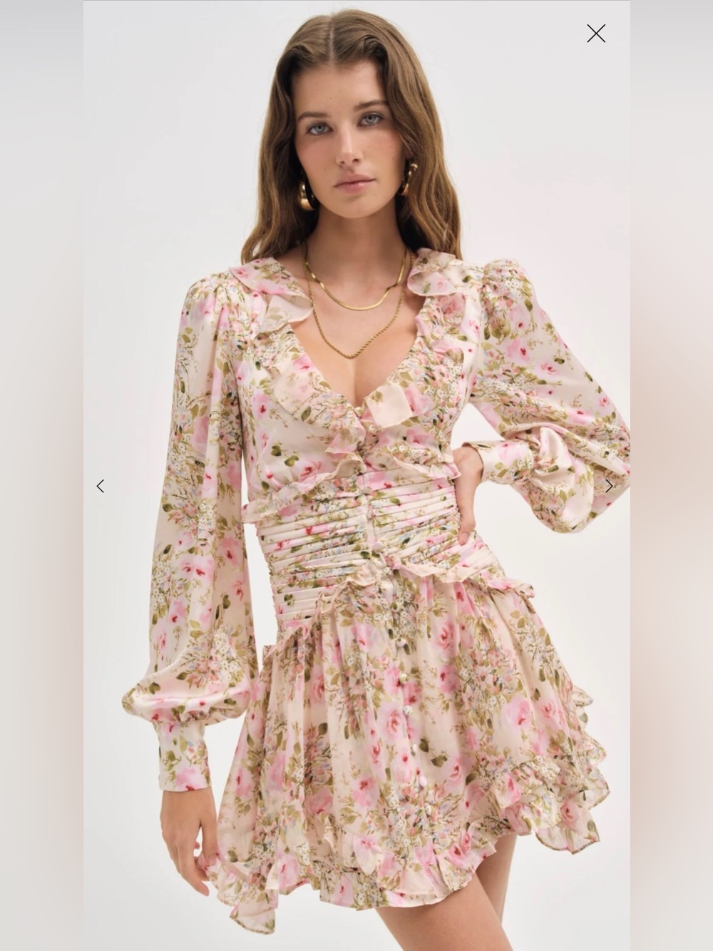 NWT For Love & Lemons Jayleen Pink Floral Ruffle Long Sleeve Mini Dress